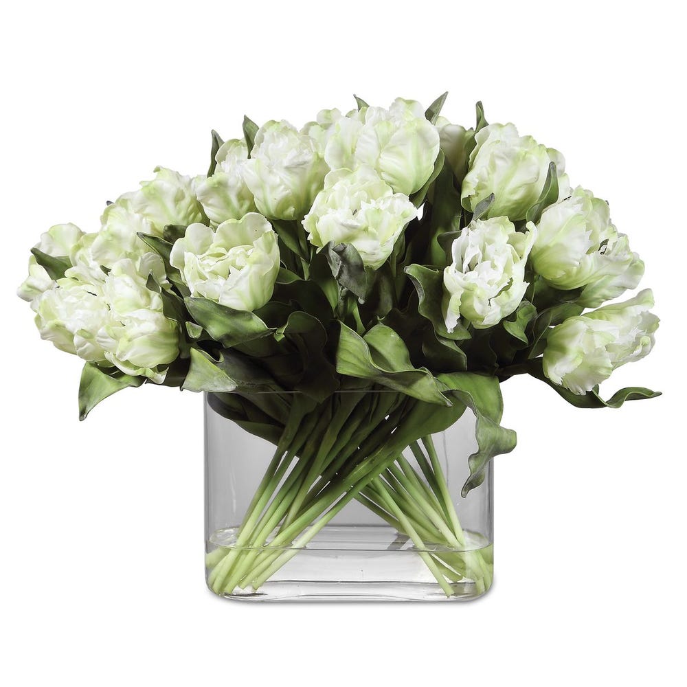 WHITE TULIPS IN OVAL GLASS VASE
