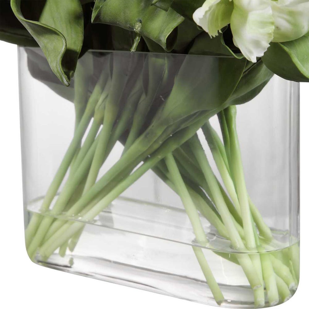 WHITE TULIPS IN OVAL GLASS VASE