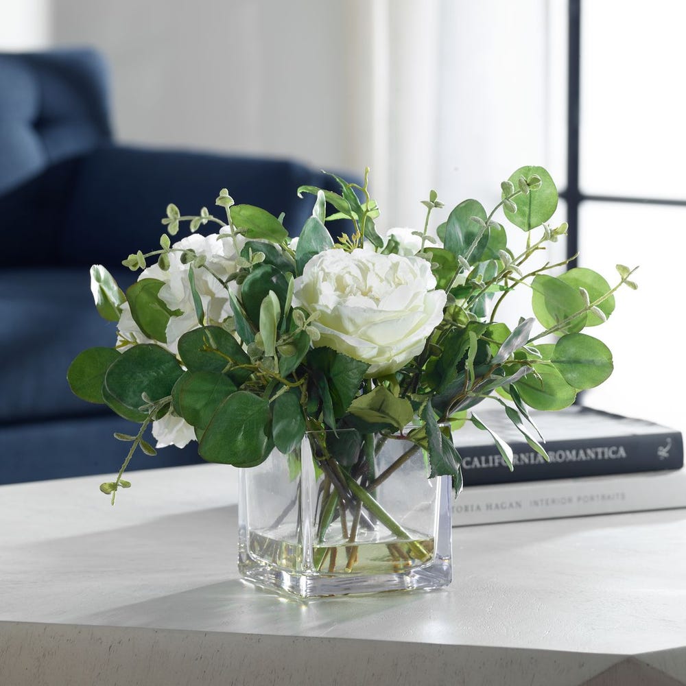 ROSEWOOD BOUQUET IN GLASS SQUARE VASE