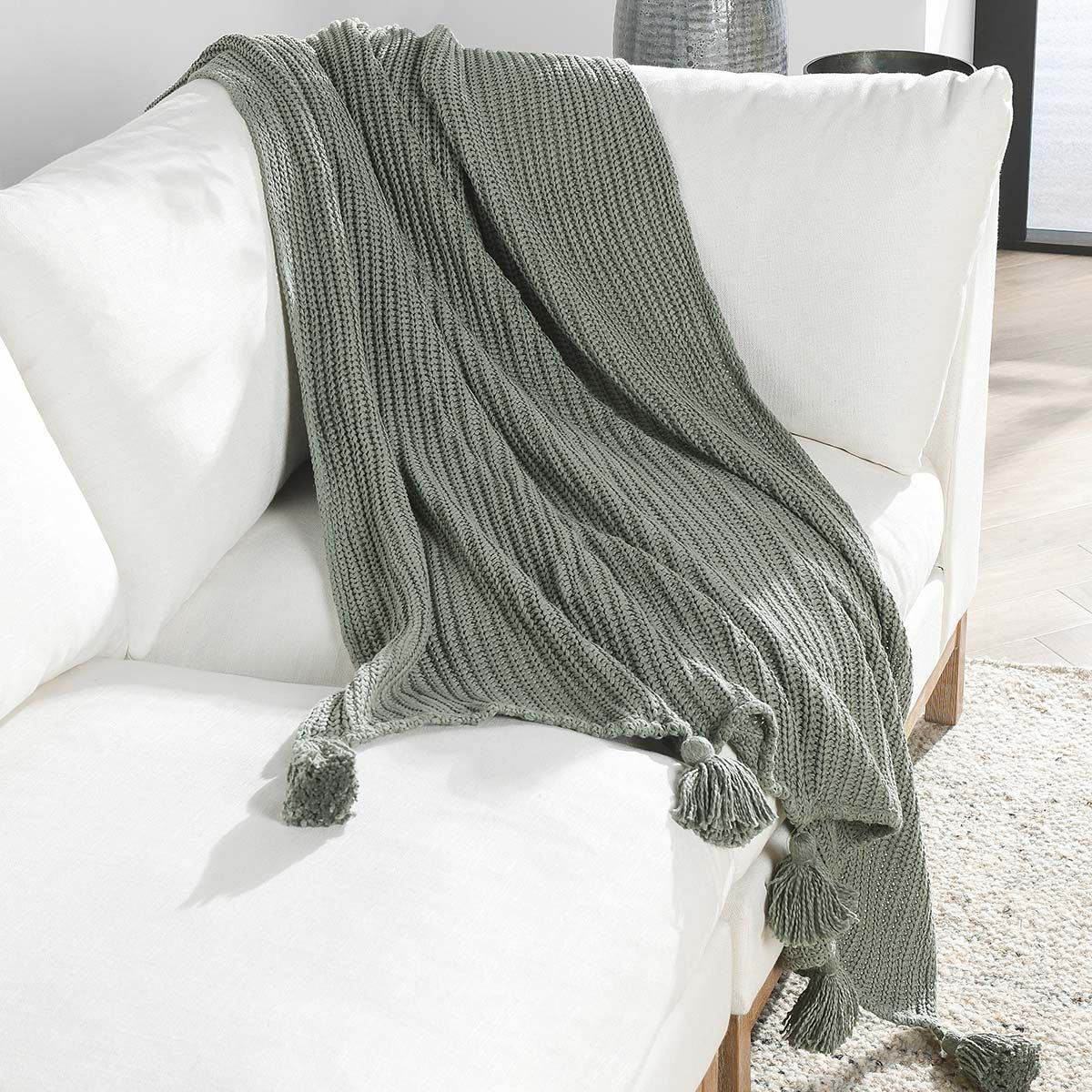 SAGE COTTON THROW W/TASSELS