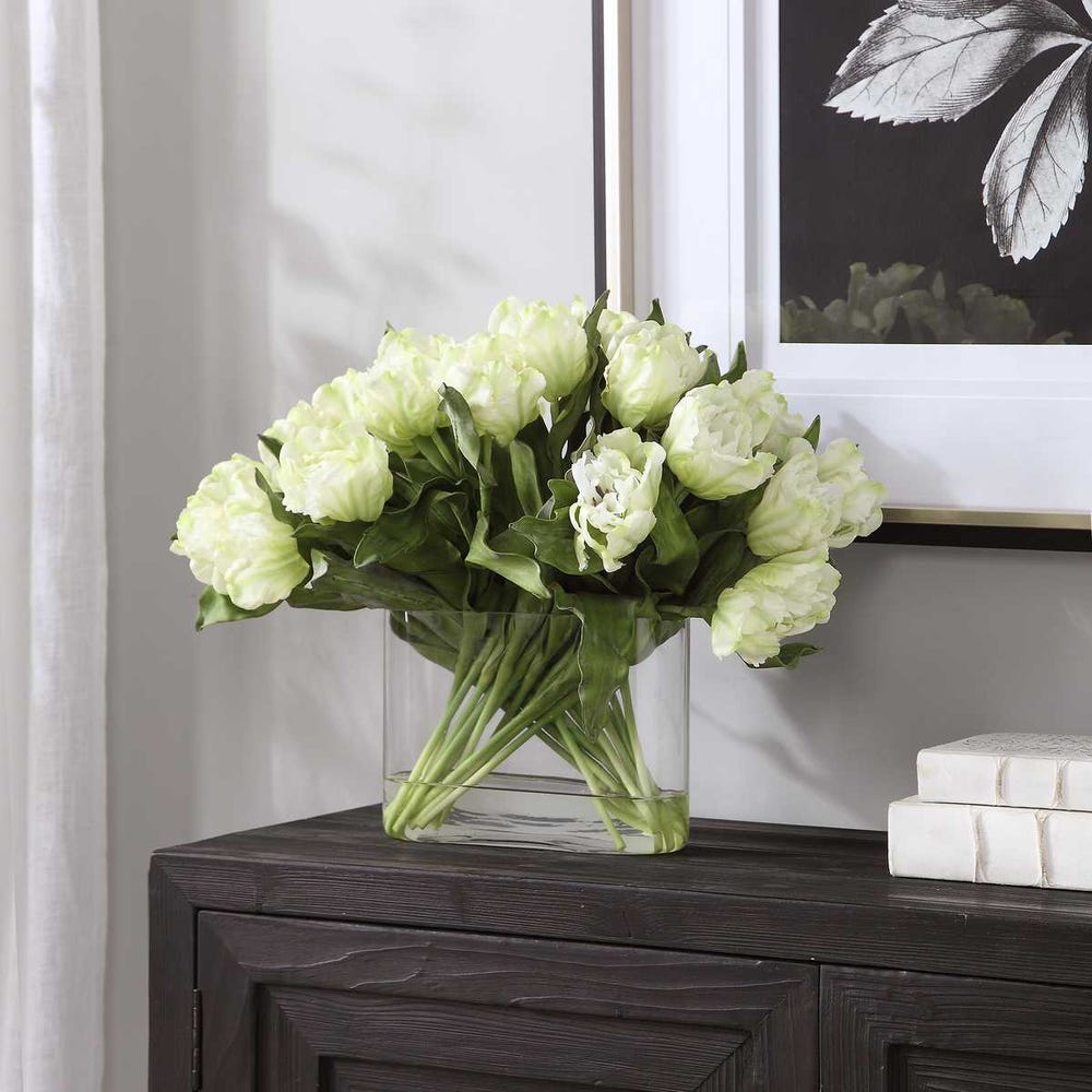 WHITE TULIPS IN OVAL GLASS VASE